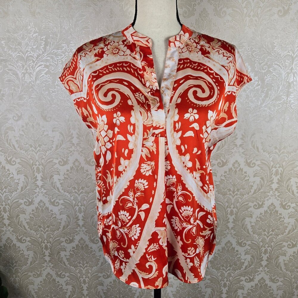 RACHEL Rachel Roy Size XS Orange Cream Floral Swirl Print Blouse Split V-neck